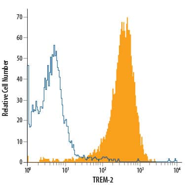 THP-1 human acute monocytic leukemia cell line was stained with Rat Anti-Human/Mouse TREM-2 Alexa Fluor® 700-conjugated Monoclonal Antibody (Catalog # FAB17291N, filled histogram) or isotype control antibody (Catalog # IC013N, open histogram). View our protocol for Staining Membrane-associated Proteins.
