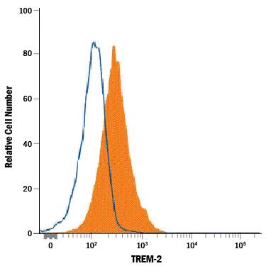 RAW 264.7 mouse monocyte/macrophage cell line was stained with Rat Anti-Human/Mouse TREM-2 Alexa Fluor® 750-conjugated Monoclonal Antibody (Catalog # FAB17291S, filled histogram) or isotype control antibody (Catalog # IC013S, open histogram). View our protocol for Staining Membrane-associated Proteins.