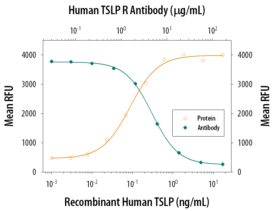 Recombinant Human TSLP (Catalog # 1398-TS) stimulates proliferation in the BaF3 mouse pro-B cell line co-transfected with human IL-7 Ra and TSLP R in a dose-dependent manner (orange line). Proliferation elicited by Recombinant Human TSLP (0.3 ng/mL) is neutralized (green line) by increasing concen-trations of Goat Anti-Human TSLP R Antigen Affinity-purified Polyclonal Antibody (Catalog # AF981). The ND50 is typically 1-5 µg/mL.
