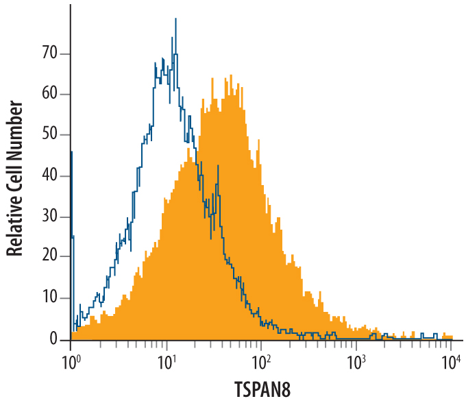 CMT-93 mouse rectal carcinoma cell line was stained with Rat Anti-Mouse TSPAN8 Monoclonal Antibody (Catalog # MAB6524, filled histo-gram) or isotype control antibody (Catalog # MAB0061, open histo-gram), followed by Allophycocyanin-conjugated Anti-Rat IgG Secondary Antibody (Catalog # F0113).
