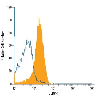 Jurkat human acute T cell leukemia cell line was stained with Mouse Anti-Human ULBP-1 PerCP-conjugated Monoclonal Antibody (Catalog # FAB1380C, filled histogram) or isotype control antibody (Catalog # IC003C, open histogram). View our protocol for Staining Membrane-associated Proteins.