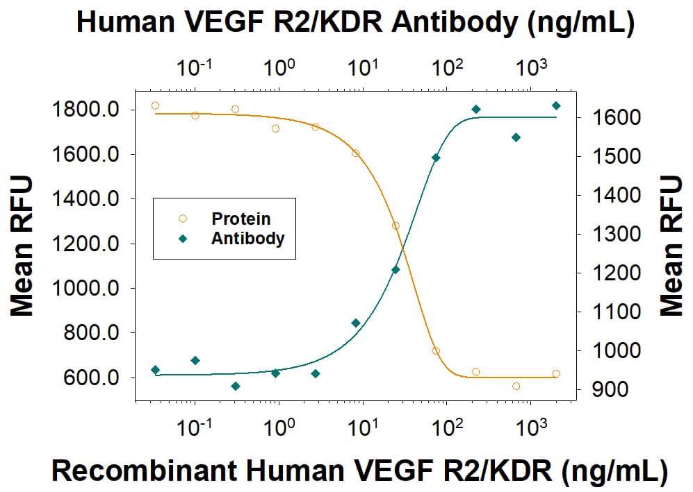 Recombinant Human VEGFR2/KDR Fc Chimera (Catalog # 357-KD) inhibits Recombinant Human VEGF165(Catalog # 293-VE) induced proliferation in HUVEC human umbilical vein endothelial cells in a dose-dependent manner (orange line). Inhibition of Recombinant Human VEGF165(10 ng/mL) activity elicited by Recombinant Human VEGFR2/KDR Fc Chimera (50 ng/mL) is neutralized (green line) by increasing concentrations of Mouse Anti-Human VEGFR2/KDR Monoclonal Antibody (Catalog # MAB3572R). The ND50 is typically 10-50 ng/mL.