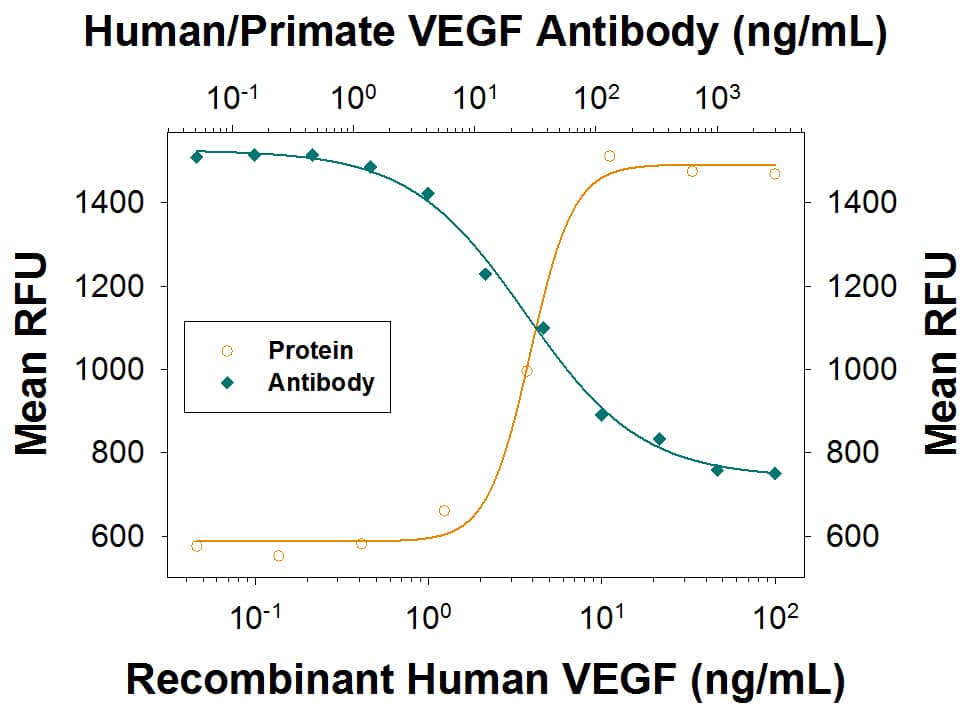 Recombinant Human VEGF165 (293-VE) stimulates proliferation in HUVEC human umbilical vein endothelial cells in a dose-dependent manner (orange line) as measured by Resazurin (AR002). Proliferation elicited by Recombinant Human VEGF165 (10 ng/mL) is neutralized (green line) by increasing concentrations of Mouse Anti-Human/Primate VEGF Monoclonal Antibody (Catalog # MAB293). The ND50 is typically 10-60 ng/mL.