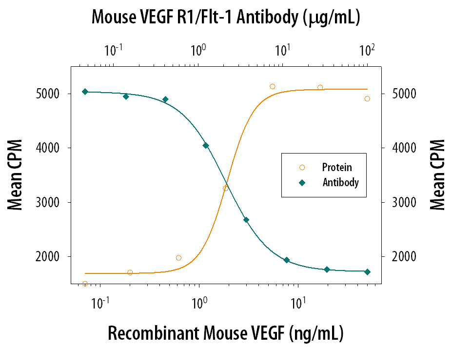 Recombinant Mouse VEGF164 493-MV) stimulates proliferation in HUVEC human umbilical vein endothelial cells in a dose-dependent manner (orange line). Proliferation elicited by Recombinant Mouse VEGF164(5 ng/mL) is neutralized (green line) by increasing concentrations of Mouse VEGFR1/Flt-1 Antigen Affinity-purified Polyclonal Antibody (Catalog # AF471). The ND50 is typically 2-8 µg/mL.