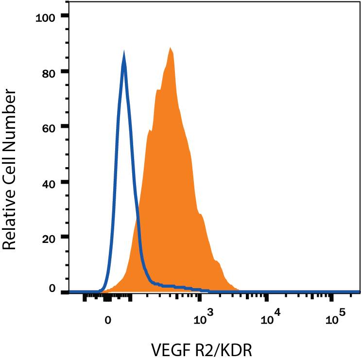 HUVEC human umbilical vein endothelial cells were stained with Mouse Anti-Human VEGF R2/KDR/Flk-1 PE-conjugated Mono-clonal Antibody (Catalog # FAB357P, filled histogram) or isotype control antibody (Catalog # IC002P, open histogram). View our protocol for Staining Membrane-associated Proteins.