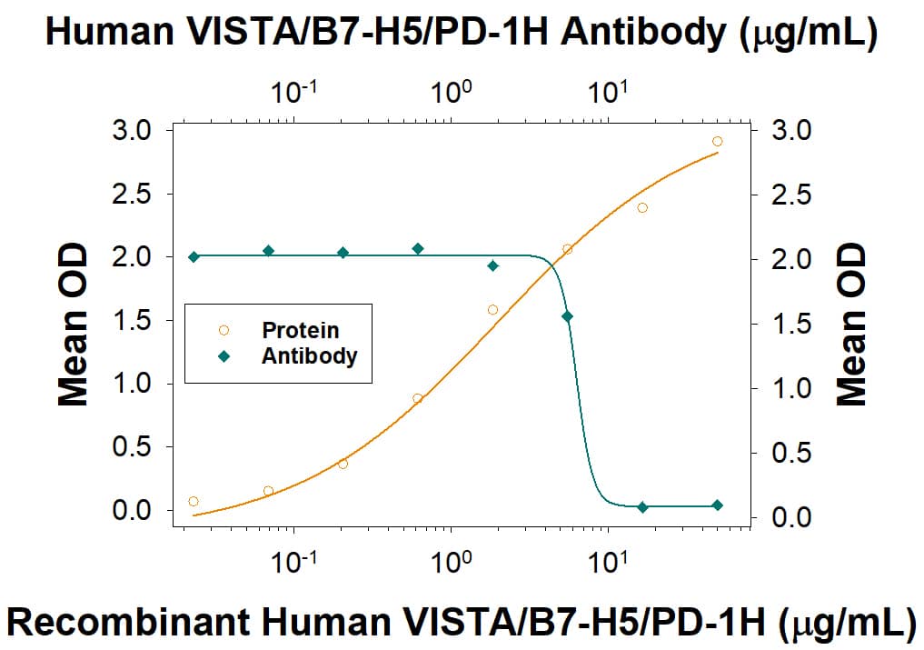 In a functional ELISA, Recombinant Human VISTA/B7-H5/PD-1H Fc Chimera (Catalog # 7126-B7) binds to immobilized Recombinant Human VSIG3 Fc Chimera (Catalog # 9229-VS) coated at 2 µg/mL (100 µL/well) in a dose-dependent manner (orange line). Binding is blocked (green line) by increasing concentrations of Mouse Anti-Human VISTA/B7-H5/PD-1H Monoclonal Antibody (Catalog # MAB71265). At 25 µg/mL, this antibody will block >90% of the binding.