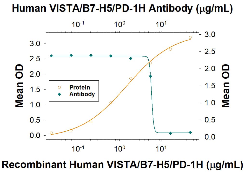 In a functional ELISA, Recombinant Human VISTA/B7-H5/PD-1H Fc Chimera (Catalog # 7126-B7) binds to immobilized Recombinant Human VSIG3 Fc Chimera (Catalog # 9229-VS) coated at 2 µg/mL (100 µL/well) in a dose-dependent manner (orange line). Binding is blocked (green line) by increasing concentrations of Mouse Anti-Human VISTA/B7-H5/PD-1H Monoclonal Antibody (Catalog # MAB71265). At 25 µg/mL, this antibody will block >90% of the binding.