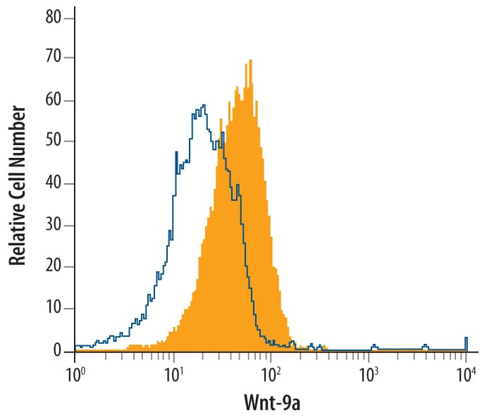 MCF-7 human breast cancer cell line was stained with Mouse Anti-Human Wnt-9a Monoclonal Antibody (Catalog # MAB3157, filled histogram) or isotype control AA175antibody (Catalog # MAB002, open histogram), followed by Allophycocyanin-conjugated Anti-Mouse IgG Secondary Antibody (Catalog # F0101B). To facilitate intracellular staining, cells were fixed with paraformaldehyde and permeabilized with saponin.