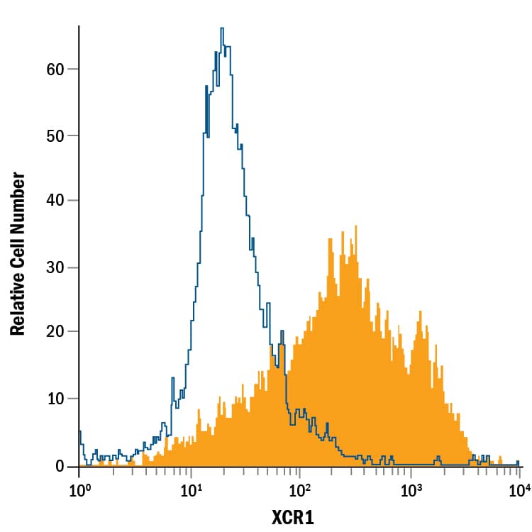 Human peripheral blood mononuclear cells (PBMCs) treated with LPS were stained with Goat Anti-Human XCR1 PE-conjugated Antigen Affinity-purified Polyclonal Antibody (Catalog # FAB857P, filled histogram) or isotype control antibody (Catalog # IC108P, open histogram). View our protocol for Staining Membrane-associated Proteins.