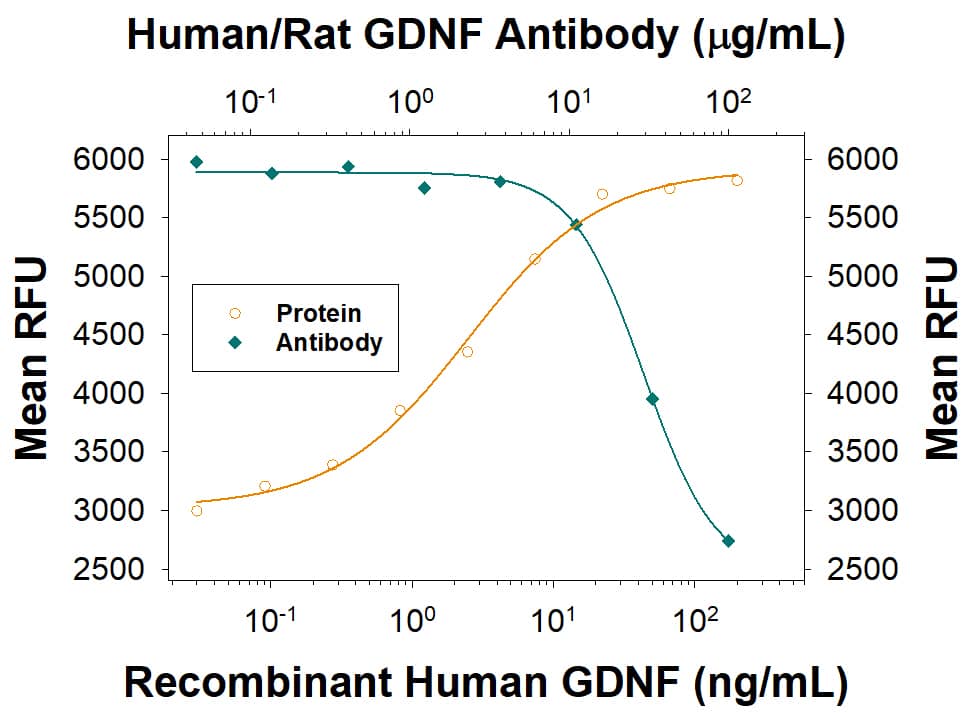 Recombinant Human GDNF (Catalog # 212-GD) induces proliferation in the SH-SY5Y human neuroblastoma cell line in a dose-dependent manner (orange line), as measured by Resazurin (Catalog # AR002). Proliferation elicited by GDNF (40 ng/mL) is neutralized (green line) by increasing concentrations of Goat Anti-Human/Rat GDNF Antigen Affinity-purified Polyclonal Antibody (Catalog # AB-212-NA). The ND50is typically 7.5-30 µg/mL.