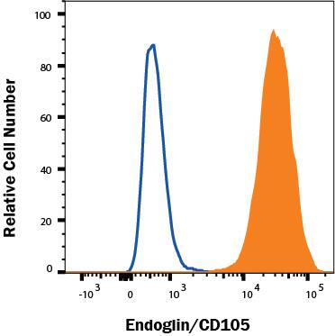 MS-1 mouse cell line was stained with Goat Anti-Mouse Endoglin/CD105 Biotinylated Polyclonal Antibody (Catalog # BAF1320, filled histogram) or control antibody (BAF108, open histogram), followed by Phycoerythrin-conjugated Streptavidin (F0040). Staining was performed using our Staining Membrane-associated Proteins protocol.