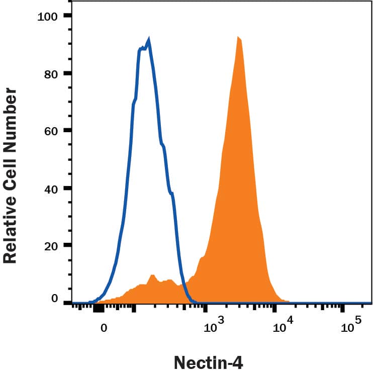 MCF-7 cells were stained with Goat Anti-Human Nectin‑4 Biotinylated Antigen Affinity-purified Polyclonal Antibody (Catalog # BAF2659, filled histogram) or isotype control antibody (Catalog # BAF108, open histogram) followed by Streptavidin-Phycoerythrin (Catalog # F0040). View our protocol for Staining Membrane-associated Proteins.
