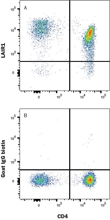 PBMC lymphocytes were stained with Mouse Anti-Human CD4 PE‑conjugated Monoclonal Antibody (Catalog # FAB3791P) and either (A) Goat Anti-Human LAIR1 Biotinylated Antigen Affinity-purified Polyclonal Antibody (Catalog # BAF2664) or (B) isotype control antibody (Catalog # BAF108) followed by Streptavidin-Allophycocyanin (Catalog # F0050). View our protocol for Staining Membrane-associated Proteins. 