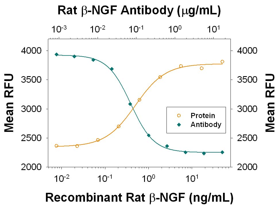 Recombinant Rat  beta -NGF(Catalog # 556-NG) induces proliferation in the TF-1 human erythroleukemic cell line in a dose-dependent manner (orange line), as measured by Rezazurin (Catalog # AR002). Proliferation elicited by Recombinant Rat  beta -NGF (10 ng/mL) is neutralized (green line) by increasing concentrations of Mouse Anti-Rat  beta -NGF Monoclonal Antibody (Catalog # MAB556). The ND50 is typically 0.05-0.25 µg/ml.