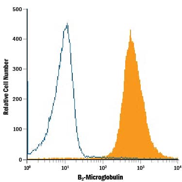 Human peripheral blood lymphocytes were stained with Mouse Anti-Human  beta 2-Microglobulin Monoclonal Antibody (Catalog # MAB8248, filled histogram) or isotype control antibody (Catalog # MAB002, open histogram), followed by Phycoerythrin-conjugated Anti-Mouse IgG Secondary Antibody (Catalog # F0102B).