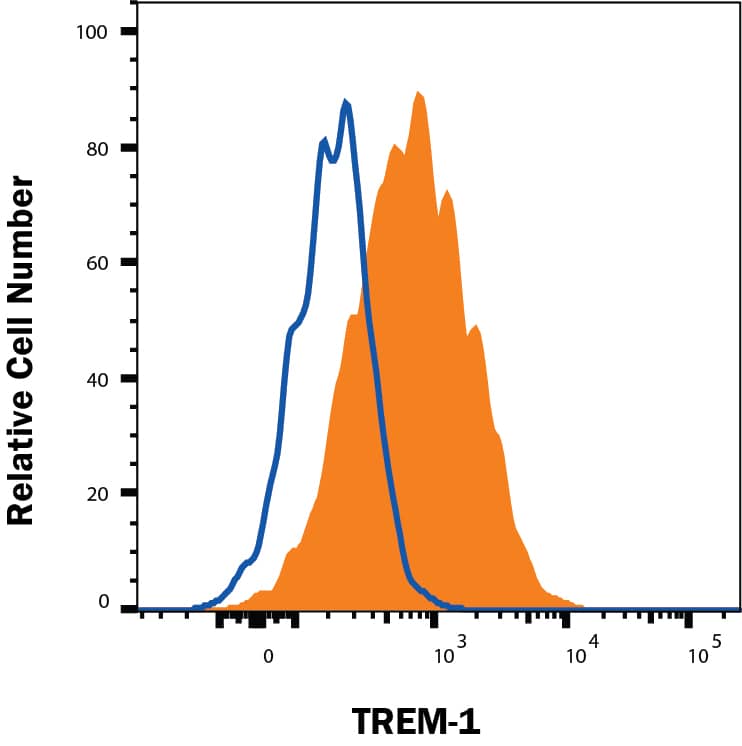  THP-1 human acute monocytic leukemia cell line was stained with Mouse Anti-Human TREM-1 PE-conjugated Monoclonal Antibody (Catalog # FAB1278P, filled histogram) or isotype control antibody (IC002P, open histogram). Staining was performed using our Staining Membrane-associated Proteins protocol.
