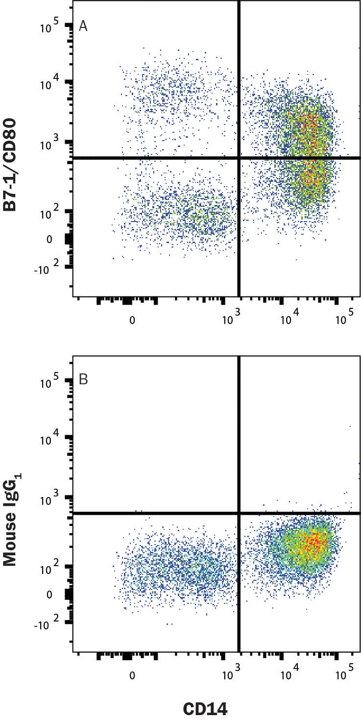 Human PBMC were treated with 1μg/mL LPS overnight then stained with (A) Mouse Anti-Human B7-1/CD80 Alexa Fluor® 647-conjugated Monoclonal Antibody (Catalog # FAB140R) or (B) Mouse IgG1 Isotype Control (IC002R) and Mouse Anti-Human CD14 PE-conjugated Monoclonal Antibody (FAB3832P). Staining was performed using our Staining Membrane-associated Proteins protocol.