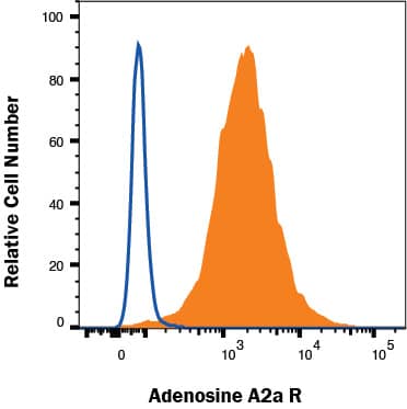 HEK293 human embryonic kidney cell line transfected with human Adenosine A2aR was stained with Mouse Anti-Human Adora A2R Alexa Fluor® 488-conjugated Monoclonal Antibody (Catalog # FAB94971G, filled histogram) or Mouse IgG2A isotype control antibody (IC003G, open histogram). Staining was performed using our Staining Membrane-associated Proteins protocol.