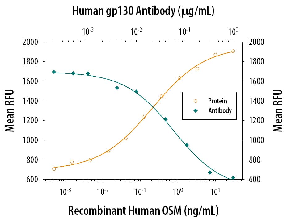Recombinant Human Oncostatin M/OSM stimulates proliferation in the TF-1 human erythroleukemic cell line in a dose-dependent manner (orange line), as measured by Resazurin (Catalog # AR002). Proliferation elicited by Recombinant Human Oncostatin M/OSM (0.8 ng/mL) is neutralized (green line) by increasing concentrations of Mouse Anti-Human gp130 Monoclonal Antibody (Catalog # MAB628). The ND50 is typically 0.02-0.1 µg/mL.
