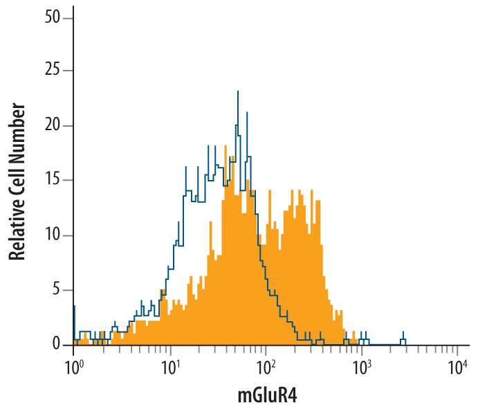 HT1080 human fibrosarcoma cell line was stained with Sheep Anti-Human mGluR4 Affinity-purified Polyclonal Antibody (Catalog # AF7387, filled histogram) or control antibody (Catalog # 5-001-A, open histogram), followed by Phycoerythrin-conjugated Anti-Sheep IgG Secondary Antibody (Catalog # F0126).