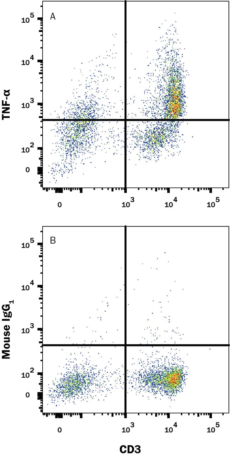 Human peripheral blood mononuclear cells (PBMCs) treated with PMA and Ca2+ionomycin for 3.5 hours were stained with (A) Mouse Anti-Human TNF-alpha Monoclonal Antibody (Catalog # MAB10564) or (B) isotype control antibody (MAB002) followed by Anti-Mouse IgG PE-conjugated Secondary Antibody (F0102B) and Mouse anti-Human CD3 APC-conjugated Monoclonal Antibody (FAB100A). To facilitate intracellular staining, cells were fixed with Flow Cytometry Fixation Buffer (FC004) and permeabilized with Flow Cytometry Permeabilization/Wash Buffer I (FC005). Staining was performed using our Staining Intracellular Molecules protocol.