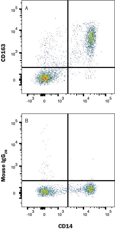 PBMC were stained with Mouse Anti-Human CD14 APC‑conjugated Monoclonal Antibody (Catalog # FAB3832A) and either (A) Mouse Anti-Human CD163 Monoclonal Antibody (Catalog # MAB11580) or (B) isotype control antibody (Catalog # MAB004) followed by Phycoerythrin-conjugated Anti-Mouse IgG Secondary Antibody (Catalog # F0102B). View our protocol for Staining Membrane-associated Proteins. 