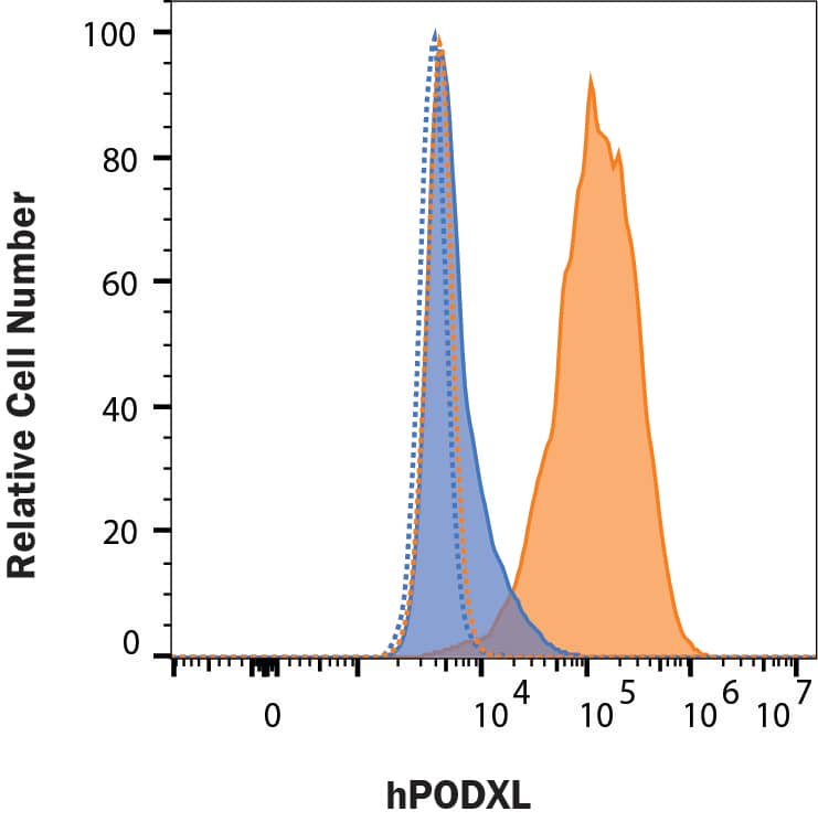 MDA-MB-231 (orange) or MG-63 (blue) human cell lines were stained with Mouse Anti-Human Podocalyxin Monoclonal Antibody (Catalog # MAB1658, filled histograms) or isotype control antibody (MAB003, open histograms), followed by Allophycocyanin-conjugated Anti-Mouse IgG Secondary Antibody (F0101B). View our protocol for Staining Membrane-associated Proteins.