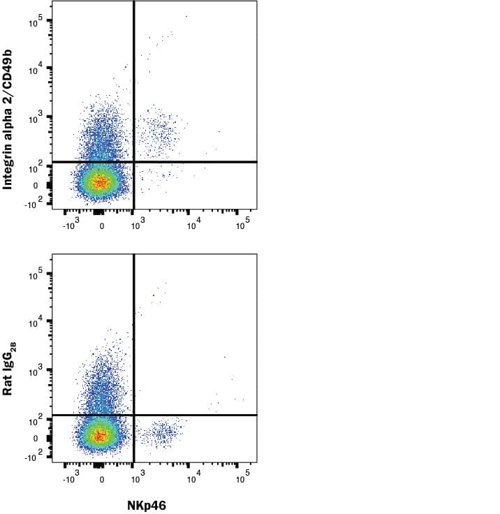 Mouse splenocytes were stained with (A) Rat Anti-Mouse Integrin a2/CD49b Monoclonal Antibody (Catalog # MAB1740) or (B) Rat IgG2B isotype control antibody (MAB006), followed by APC-conjugated Anti-Rat IgG Secondary Antibody (F0113) and Rat anti-Mouse NKp46 PE-conjugated Monoclonal Antibody (FAB22252P). Staining was performed using our Staining Membrane-associated Proteins protocol. 