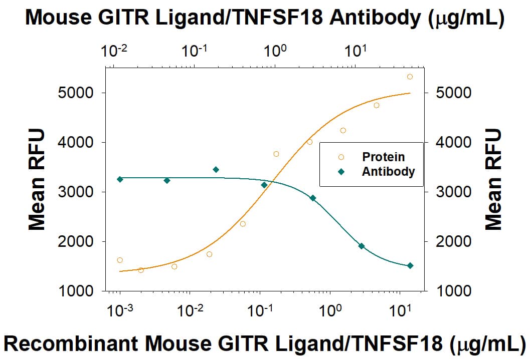 In the presence of Rat Anti-Mouse CD3 Monoclonal Anti-body (0.5 µg/mL, MAB4841) and a cross-linking antibody, Mouse Anti-His Tag Monoclonal Antibody (10 µg/mL, MAB050), Recombinant Mouse GITR Ligand/TNFSF18 (2177-GL) stimulates proliferation in mouse CD4+T cells in a dose-dependent manner (orange line), as measured by Resazurin (AR002). Under these conditions, proliferation elicited by Recombinant Mouse GITR Ligand/TNFSF18 (2 µg/mL) is neutralized (green line) by increasing concentrations of Rat Anti-Mouse GITR Ligand/ TNFSF18 Monoclonal Antibody (Catalog # MAB21773). The ND50 is typically 1.2-12 µg/mL.