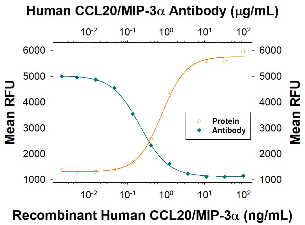 Recombinant Human CCL20/MIP-3a (Catalog # 360-MP) chemoattracts the BaF3 mouse pro-B cell line transfected with human CCR6 in a dose-dependent manner (orange line). The amount of cells that migrated through to the lower chemotaxis chamber was measured by Resazurin (Catalog # AR002). Chemotaxis elicited by Recombinant Human CCL20/MIP-3a (1 ng/mL) is neutralized (green line) by increasing concentrations of Human CCL20/MIP-3a Monoclonal Antibody (Catalog # MAB360). The ND50 is typically 0.2-2 µg/mL.