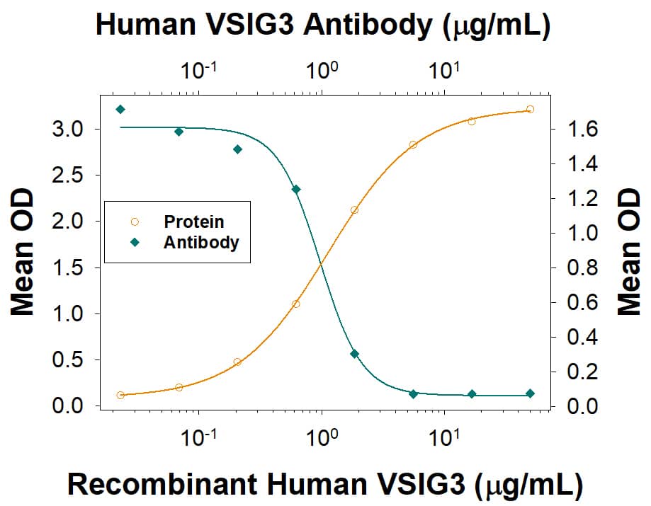 In a functional ELISA, 0.2-2 µg/mL of Mouse Anti-Human VSIG3 Monoclonal Antibody (Catalog # MAB92293) will block 50% of the binding of 1 µg/mL of Recombinant Human VSIG3 Fc Chimera (9229-VS) to immobilized Recombinant Human VISTA/B7-H5/PD-1H Fc Chimera (7126-B7) coated at 1 µg/mL (100 µL/well). At 10 µg/mL, this antibody will block >90% of the binding.