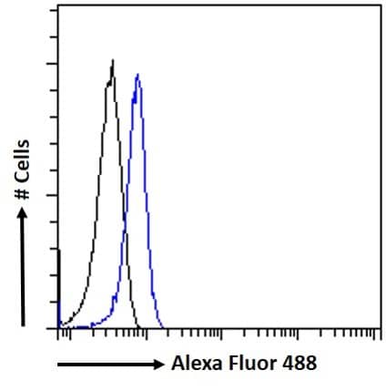 Flow Cytometry: Goat Polyclonal STAM2 Antibody [NB100-2838] -  Flow cytometric analysis of paraformaldehyde fixed HeLa cells (blue line), permeabilized with 0.5% Triton. Primary incubation 1hr (10ug/ml) followed by Alexa Fluor 488 secondary antibody (1ug/ml). IgG control: Unimmunized goat IgG (black line) followed by Alexa Fluor 488 secondary antibody.