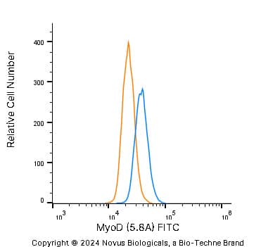 An intracellular stain was performed on SJCRH30 human Rhabdomyosarcoma cell line with Mouse anti- MyoD (5.8A) Protein-G purified Monoclonal Antibody conjugated to FITC (Catalog # NB100-56511F, blue histogram) or matched control antibody (orange histogram) at 5 µg/mL for 30 minutes at RT.