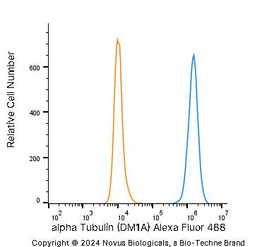 An intracellular stain was performed on U-2 OS human osteosarcoma cell line with Mouse anti-alpha Tubulin (DM1A) Protein-G purified Monoclonal Antibody conjugated to Alexa Fluor ® 488 (Catalog # NB100-690AF488, blue histogram) or matched control antibody (orange histogram) at 5 µg/mL for 30 minutes at RT.