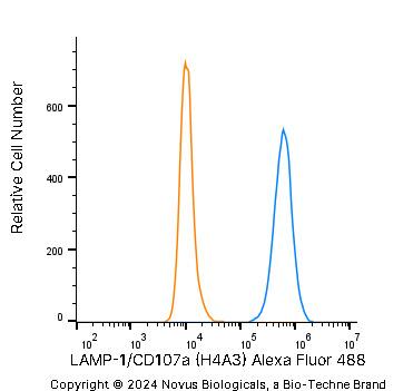 An intracellular stain was performed on U-2 OS human osteosarcoma cell line with Mouse anti-LAMP-1/CD107a (H4A3) Protein-G purified Monoclonal Antibody conjugated to Alexa Fluor® 488 (Catalog # NBP2-25183AF488, blue histogram) or matched control antibody (orange histogram) at 5 µg/mL for 30 minutes at RT.