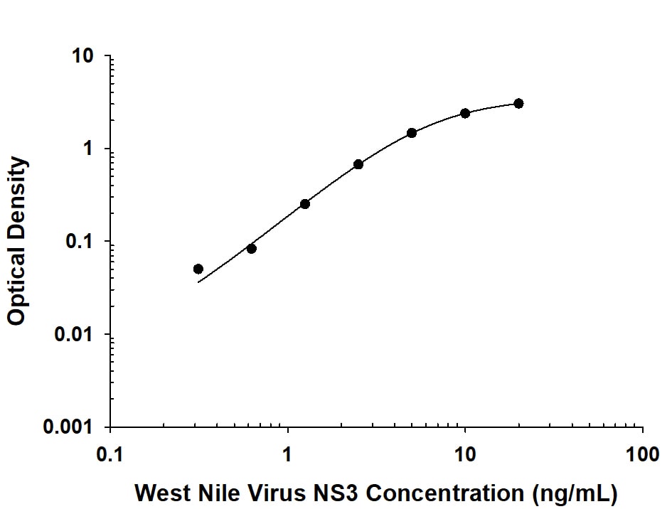 Recombinant Viral wnvNS3 Protease protein was serially diluted 2-fold and captured by Mouse Anti-Viral wnvNS3 Protease Monoclonal Antibody (Catalog # MAB29074) coated on a Clear Polystyrene Microplate (Catalog # DY990). Mouse Anti-Viral wnvNS3 Protease Monoclonal Antibody (Catalog # MAB29073) was biotinylated and incubated with the protein captured on the plate. Detection of the standard curve was achieved by incubating Streptavidin-HRP (Catalog # DY998) followed by Substrate Solution (Catalog # DY999) and stopping the enzymatic reaction with Stop Solution (Catalog # DY994).