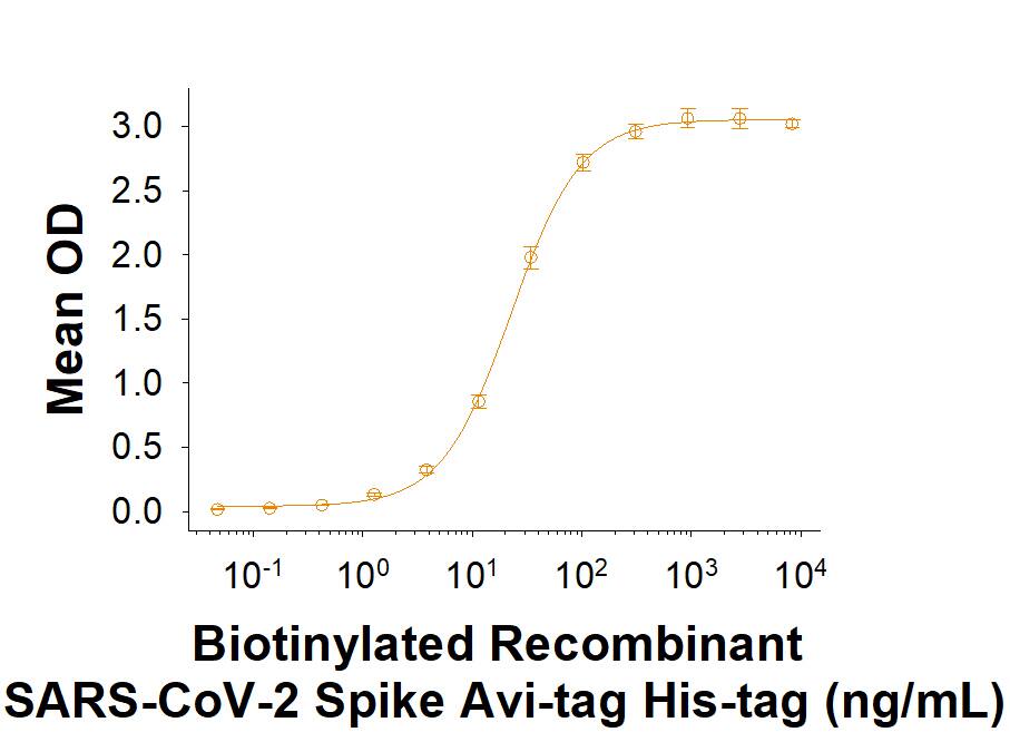 Biotinylated Recombinant SARS-CoV-2 Spike (GCN4-IZ) Avi-tag His-tag (Catalog # AVI10561) binds Recombinant Human ACE-2 Fc Chimera (10544-ZN) in a functional ELISA.