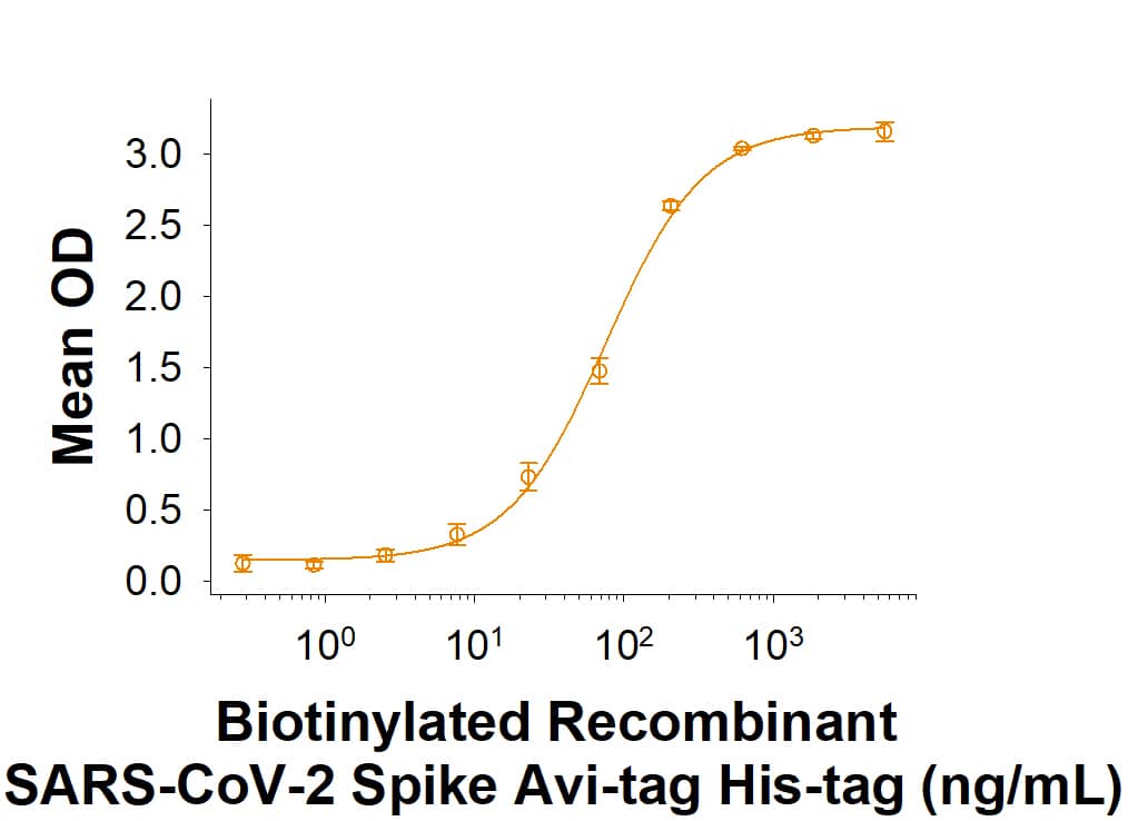 Biotinylated Recombinant SARS-CoV-2 Spike Avi-tag His-tag (Catalog # AVI10586) binds Recombinant Human ACE-2 Fc Chimera (10544-ZN) in a functional ELISA.