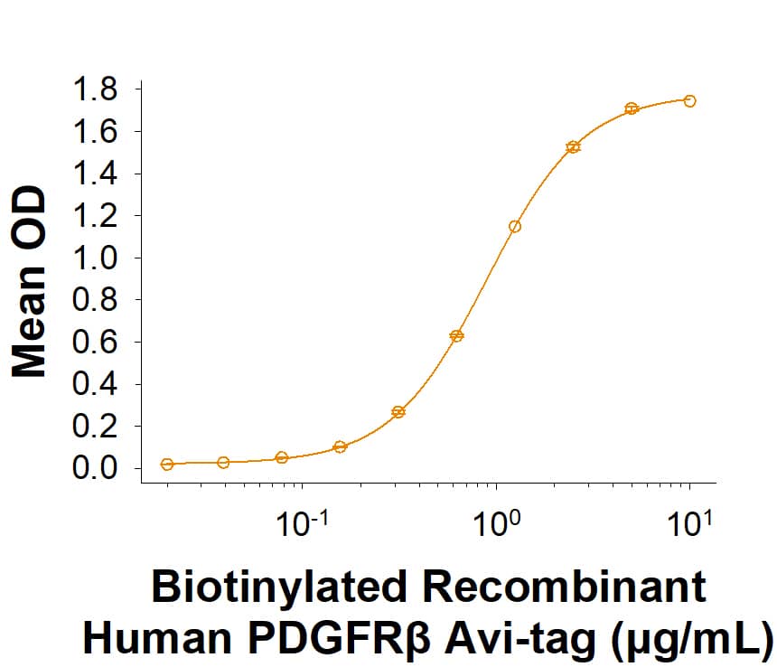 Measured by its binding ability in a functional ELISA. Biotinylated Recombinant Human PDGFR beta  His-tag Avi-tag Protein (Catalog # AVI10676) binds to Recombinant Human PDGF-BB Protein (220-BB) with an ED50 of 0.150-1.50 μg/mL.