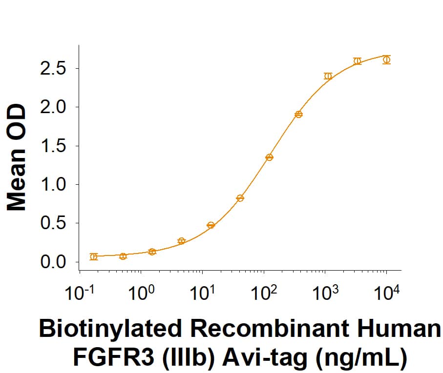 In a Human FGFacidic/FGF1 antibody (AF232) coated plate, in the presence of 50 ng/mL of Recombinant Human FGFacidic/FGF1 (232-FA), Recombinant Human FGFR3 alpha (IIIb) Fc Chimera Avi-tag Protein (Catalog # AVI11029) binds with an ED50 of 40.0-240 ng/mL.