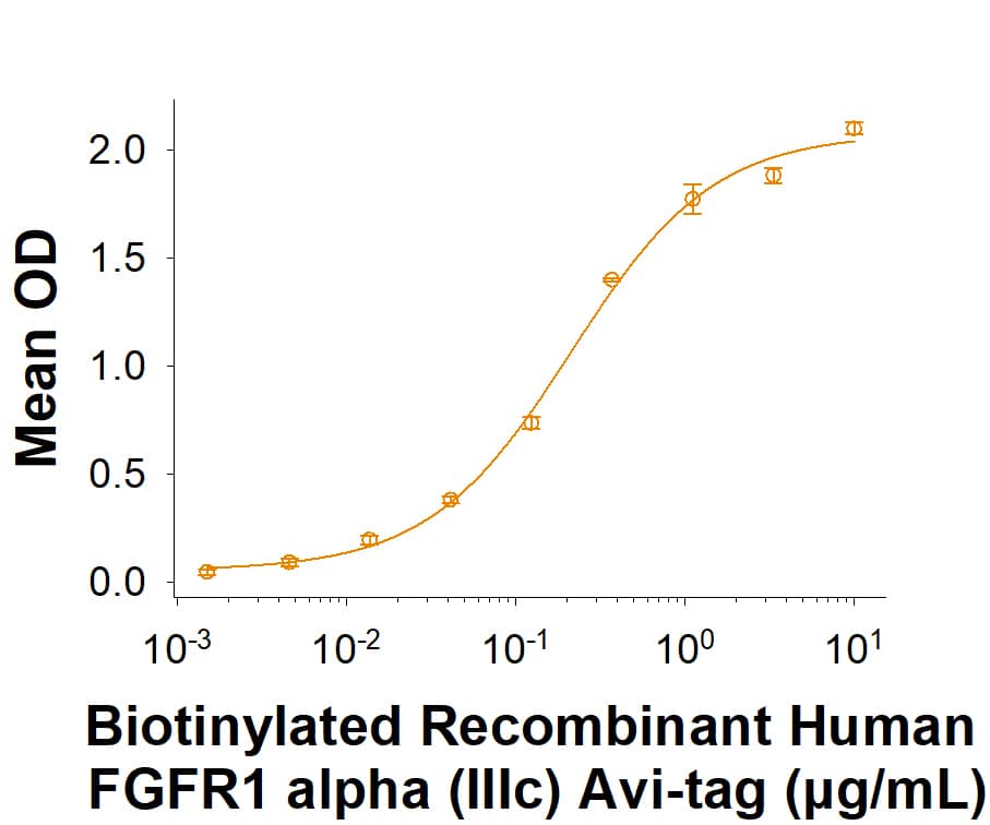 In a Human FGFacidic/FGF1 antibody (AF232) coated plate, in the presence of 50 ng/mL of Recombinant Human FGFacidic/FGF1 (232-FA), Recombinant Human FGFR1 alpha (IIIc) Fc Avi-tag Protein (Catalog # AVI11031) binds with an ED50 of 0.100-0.600 μg/mL.