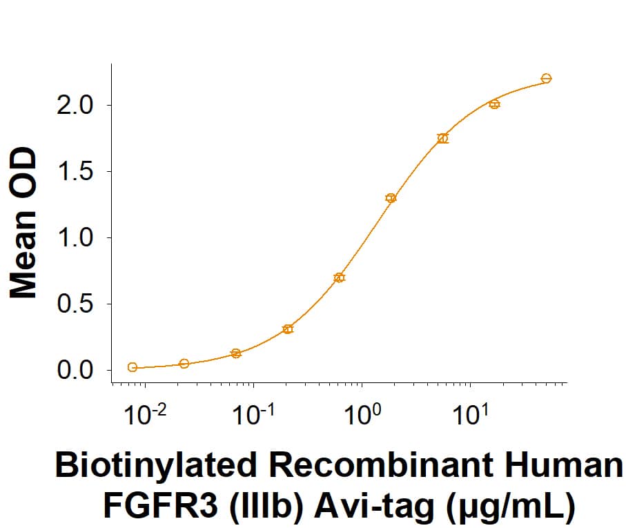 In a Human FGF acidic/FGF1 antibody (AF232) coated plate, in the presence of 50.0 ng/mL of Recombinant Human FGF acidic/FGF1 (232-FA), Biotinylated Recombinant Human FGFR3 (IIIb) His-tag Avi-tag Protein (Catalog # AVI11136) binds with an ED50 of 1.00-6.00 µg/mL.