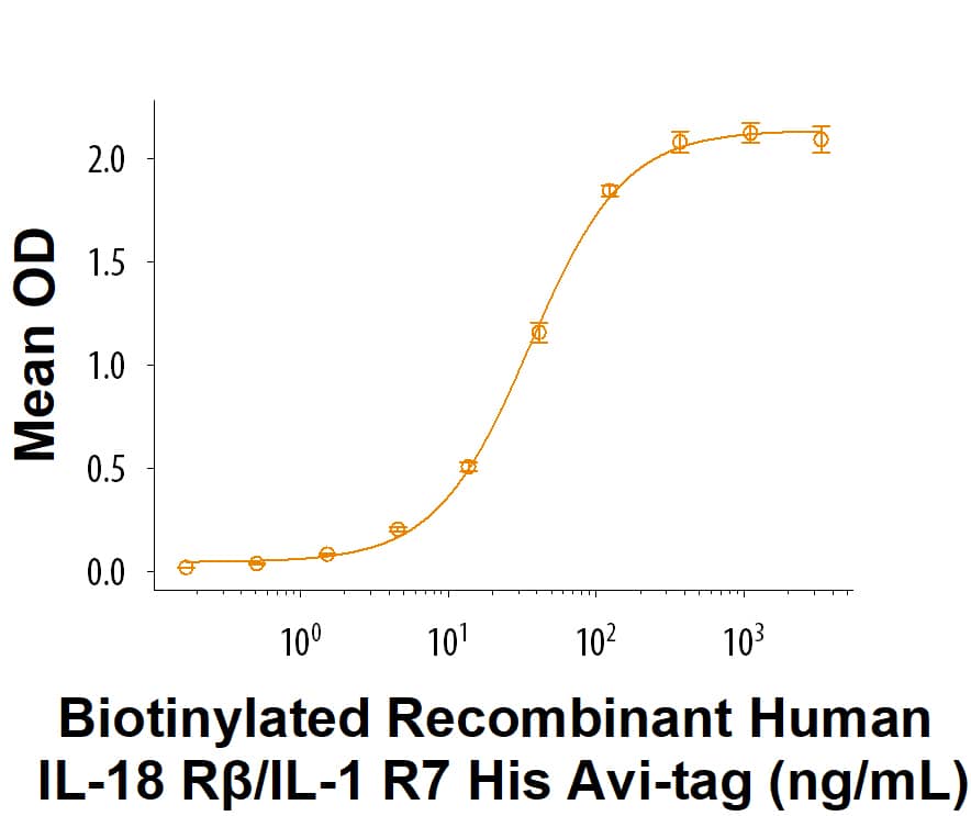 Measured by its binding ability in a functional ELISA. When Recombinant Human IL-18 R alpha/IL-1 R5 Fc Chimera Protein (816-LR) is coated at 0.500 µg/mL (100 µL/well), Biotinylated Recombinant Human IL‑18R beta /IL‑1R7 His-tag Avi-tag Protein (Catalog # AVI11210) binds with an ED50 of 2.00-40.0 ng/mL.