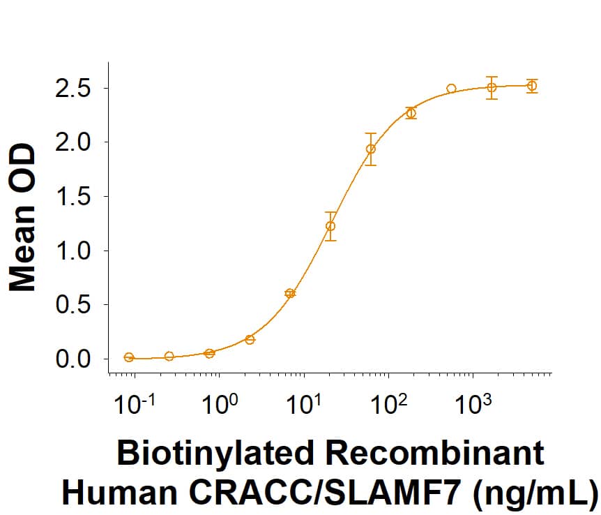 Biotinylated Recombinant Human CRACC/SLAMF7 His-tag Protein (Catalog # AVI11533) binds Human CRACC/SLAMF7 Antibody (MAB19061) with an ED50 of 5.00-60.0 ng/mL.