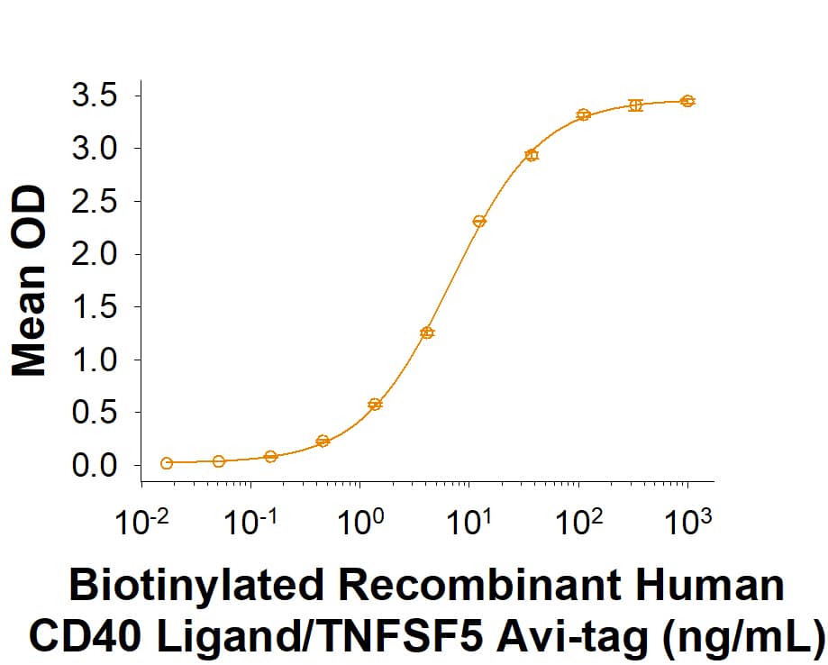 Biotinylated Recombinant Human CD40 Ligand/TNFSF5 Avi-tag His-tag Protein (Catalog # AVI11596) binds Recombinant Human CD40/TNFRSF5 Fc Chimera (1493-CDB) with an ED50 of 2.50-30.0 ng/mL.