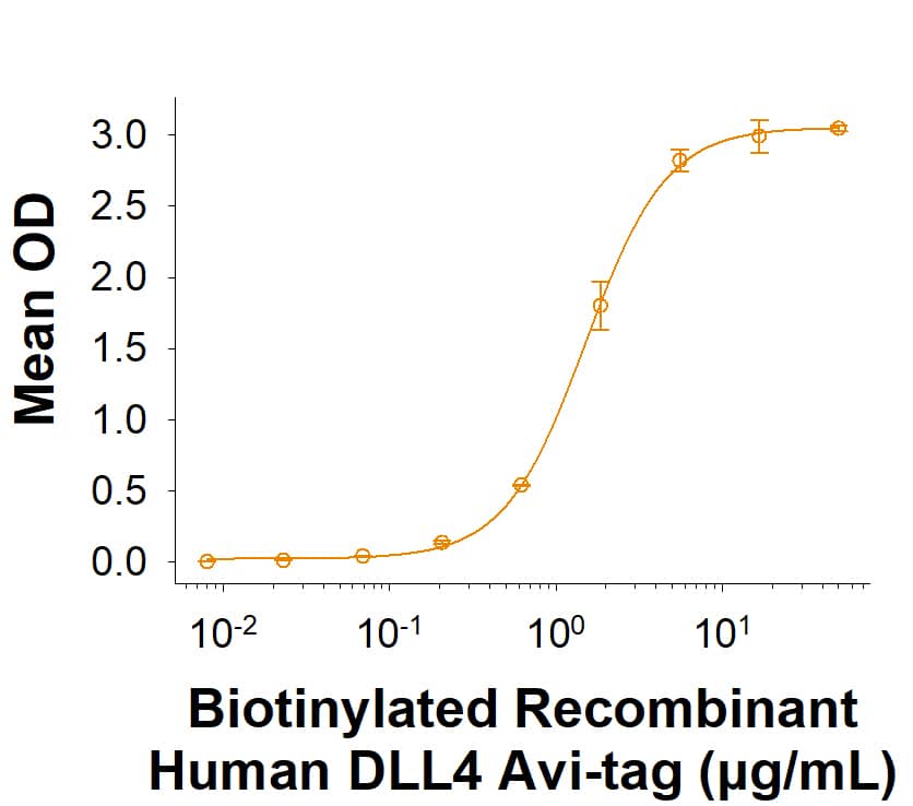 In a functional ELISA, Biotinylated Recombinant Human DLL4 Avi-tag His-tag Protein (Catalog # AVI1506) binds to Recombinant Human Notch‑1 Fc Chimera (3647-TK) with an ED50 of 0.600-7.20 μg/mL.