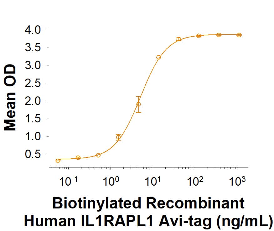 Biotinylated Recombinant Human IL1RAPL1 Fc Chimera Avi-tag Protein (Catalog # AVI9949) binds Recombinant Human PTPRD Fc Chimera (9995-PR) with an ED50 of 1.50-20.0 ng/mL.