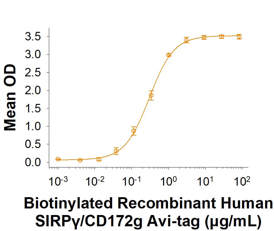 Biotinylated Recombinant Human SIRP gamma /CD172g His-tag Avi-tag Protein (Catalog # AVI9999) binds Recombinant Human CD47 Fc Chimera (4670-CD) with an ED50 of 0.150-3.00 μg/mL.