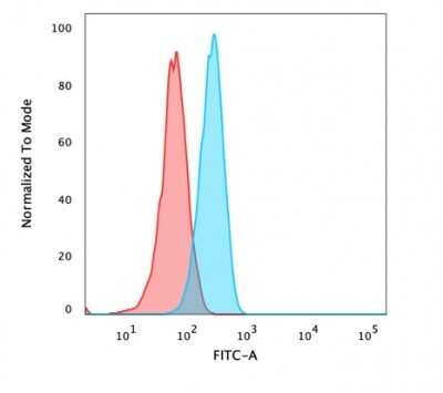 Flow Cytometry: beta-Catenin Antibody - BSA Free [NBP2-33124] - Flow Cytometric Analysis of PFA fixed HeLa cells using beta-Catenin PAb followed by goat anti-rabbit IgG-CF488 (Blue); Isotype Control (Red).
