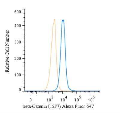 Flow (Intracellular): beta-Catenin Antibody (12F7) [Alexa Fluor 647] [NBP1-54467AF647] -  An intracellular stain was performed on HeLa cells with beta-Catenin Antibody (12F7) NBP1-54467AF647 (blue) and a matched isotype control (orange). Cells were fixed with 4% PFA and then permeabilized with 0.1% saponin. Cells were incubated in an antibody dilution of 5 ug/mL for 30 minutes at room temperature. Both antibodies were conjugated to Alexa Fluor 647. 